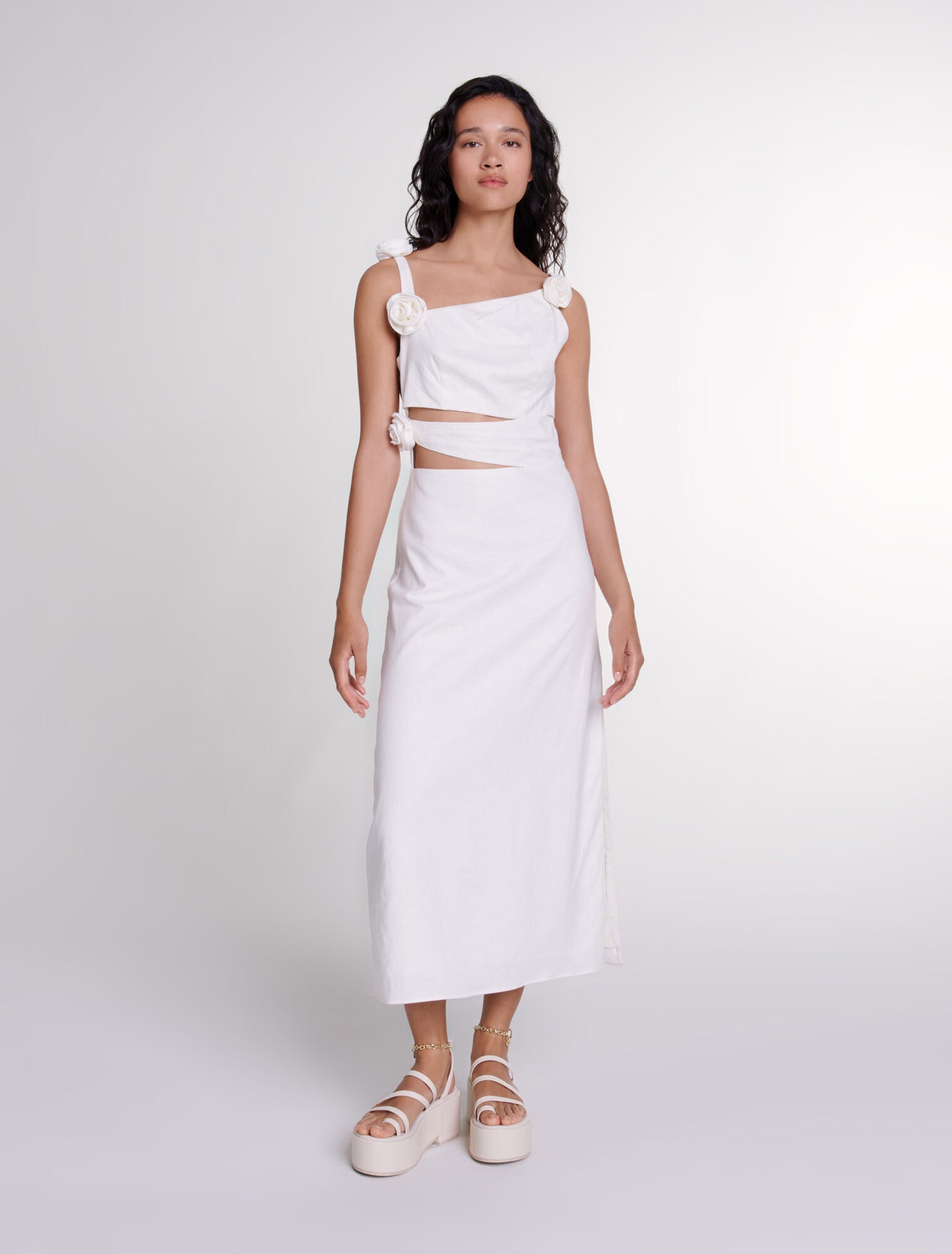 White-featured-Openwork linen maxi dress
