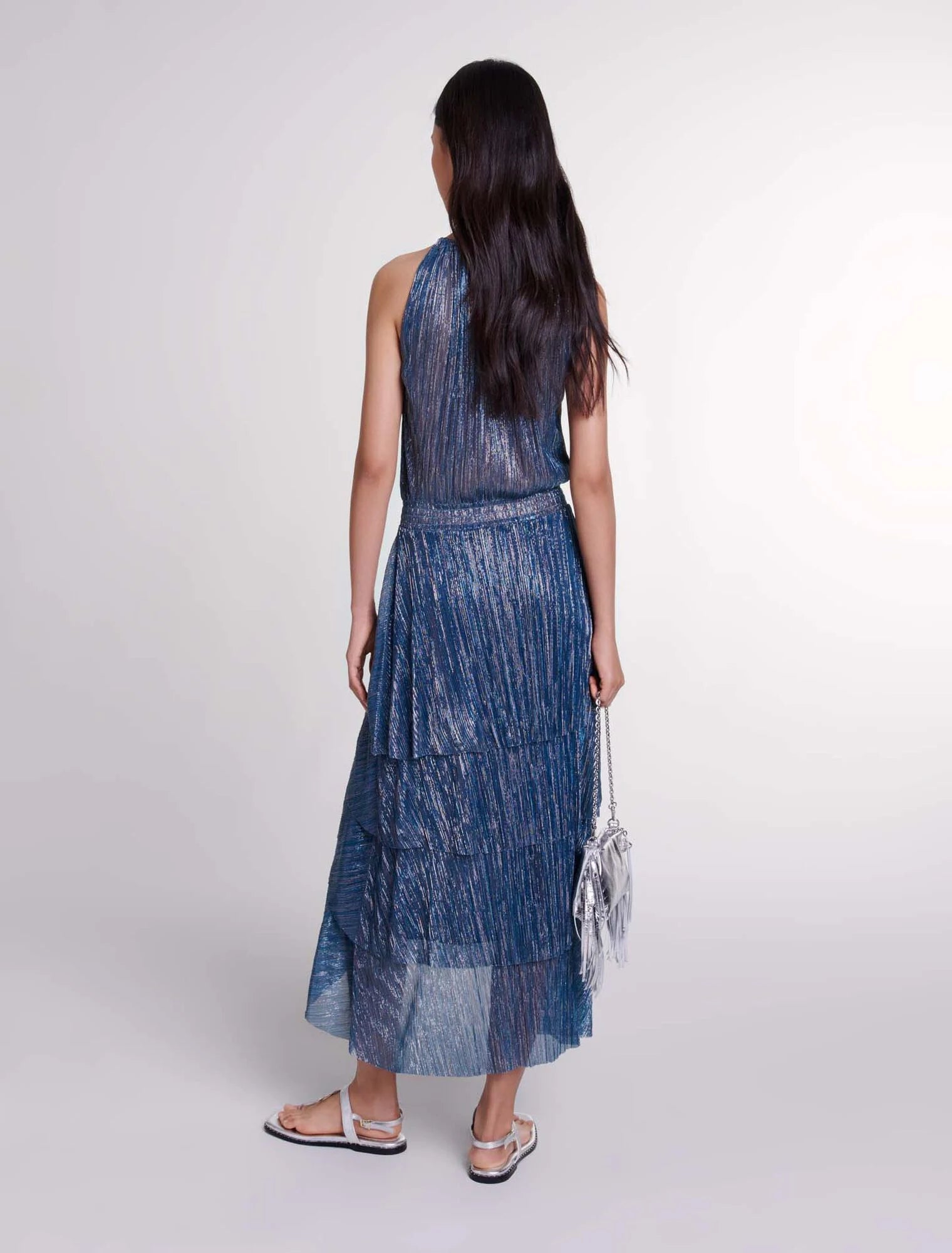 Blue / Grey-Ruffled lame maxi dress