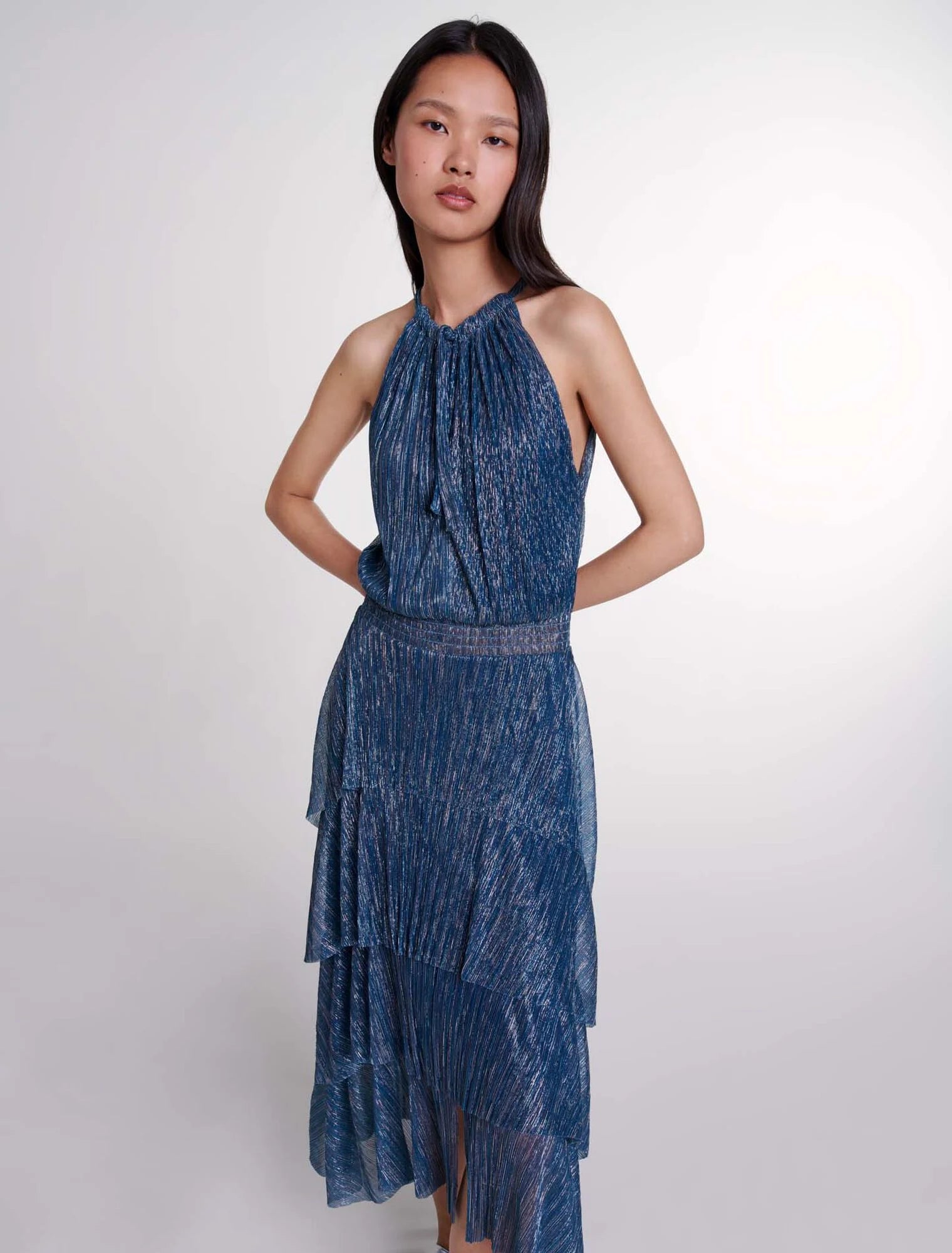 Blue / Grey-Ruffled lame maxi dress
