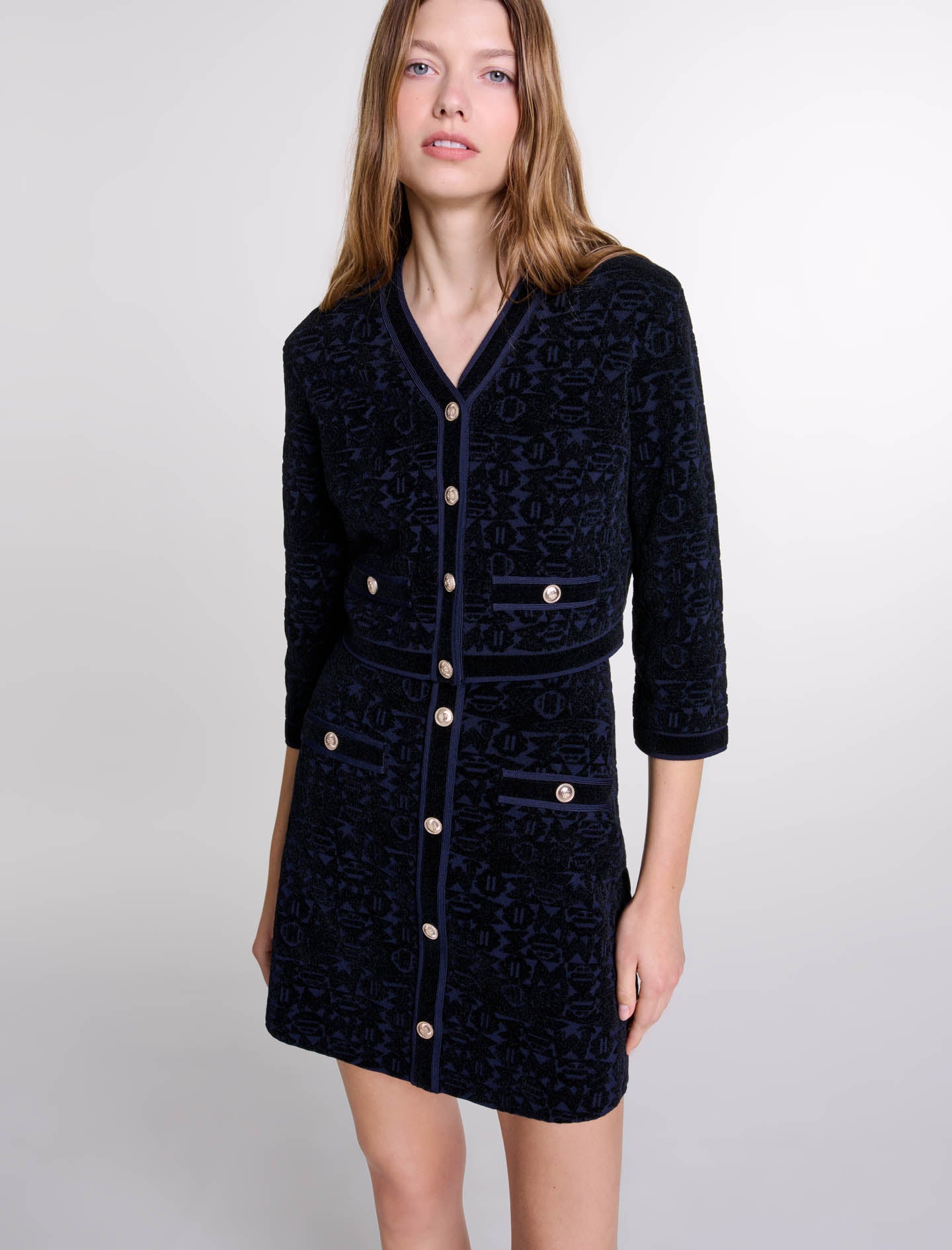 Black/Navy-2-in-1 velvet knit dress