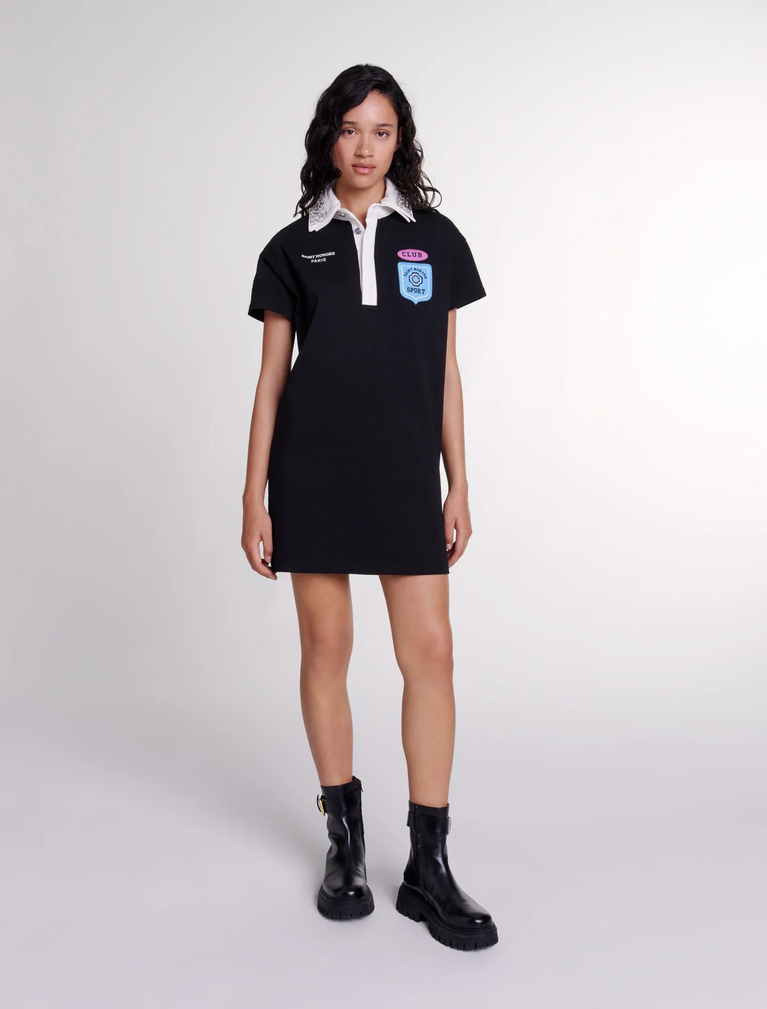 Black featured-Embroidered rhinestone polo dress