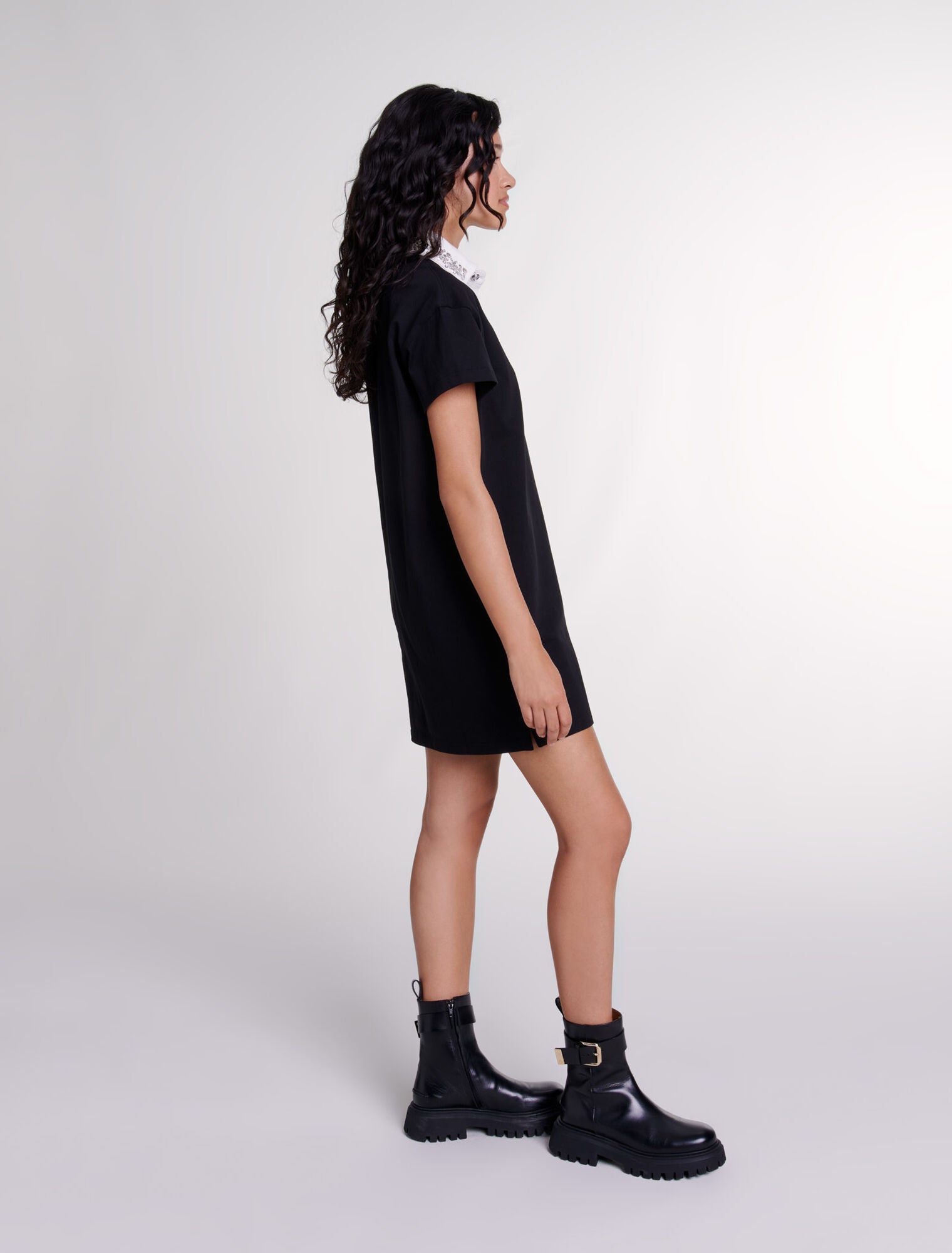 Black featured-Embroidered rhinestone polo dress