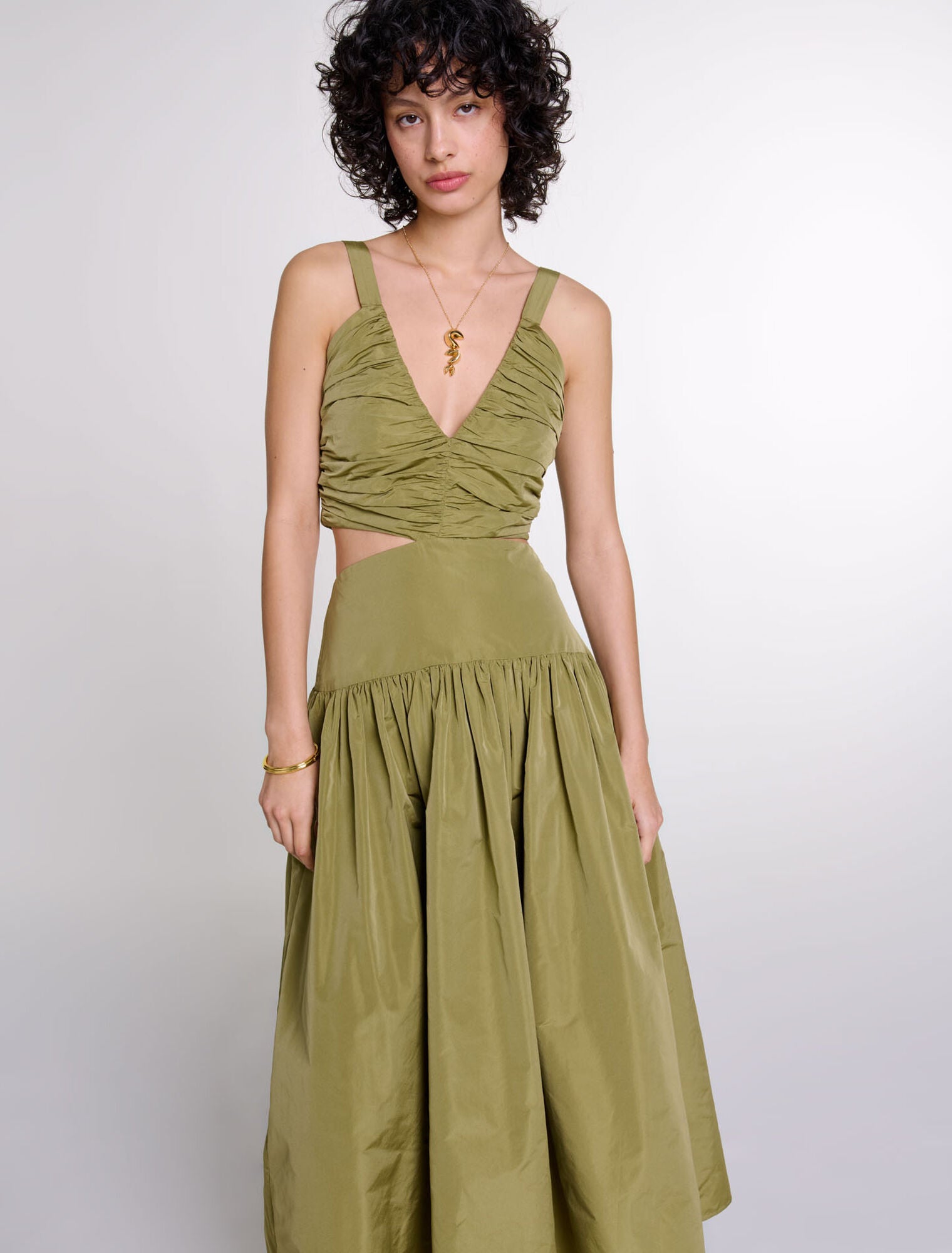 Khaki featured-Cutaway taffeta dress