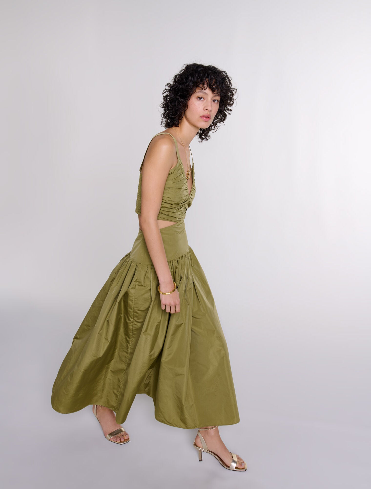 Khaki featured-Cutaway taffeta dress