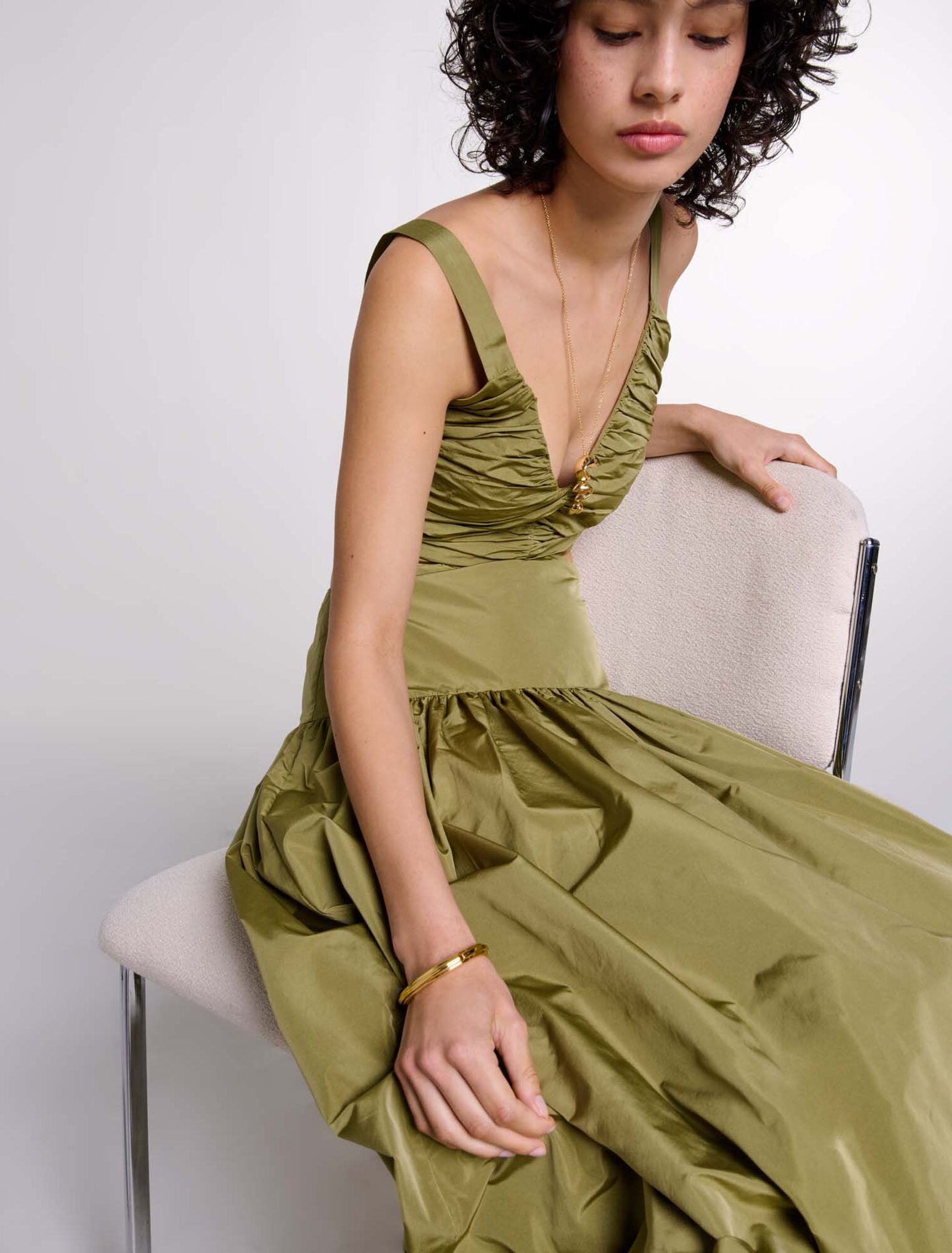 Khaki featured-Cutaway taffeta dress