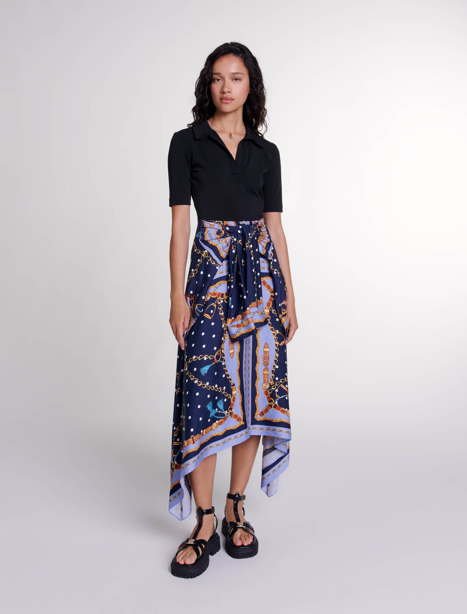 Chain Scarf Print Blue-featured-Illusion effect patterned dress