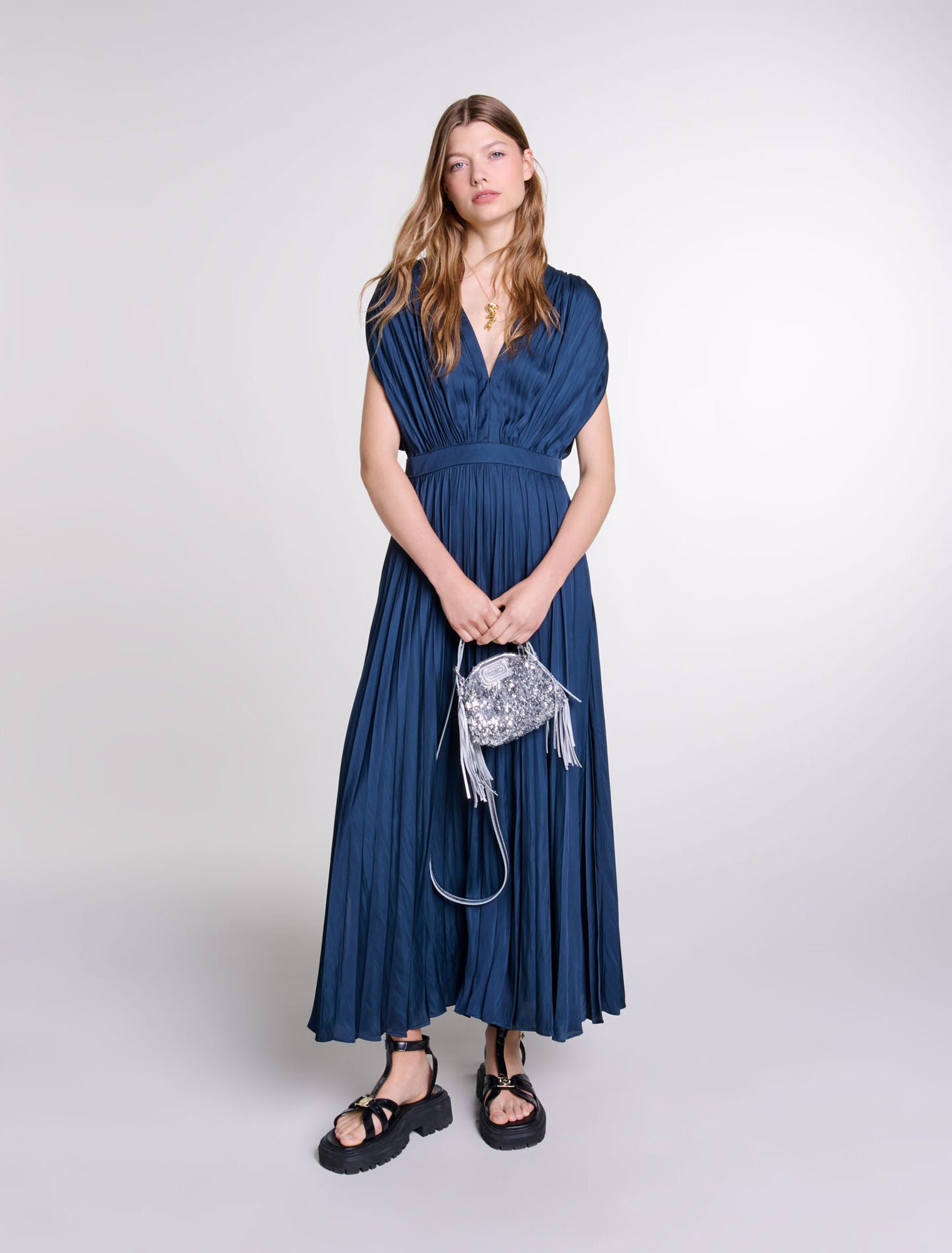 Navy featured  Pleated maxi dress