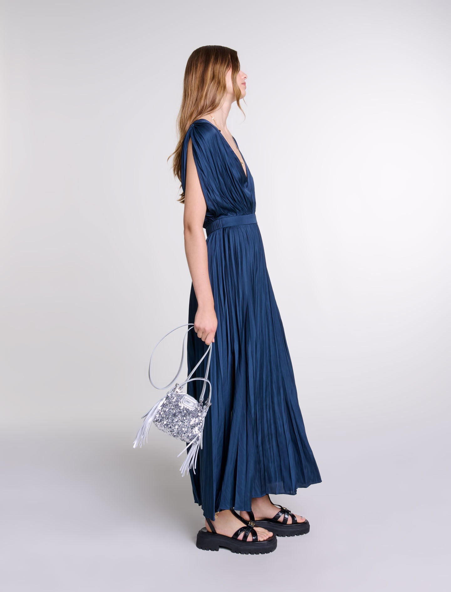 Navy Pleated maxi dress