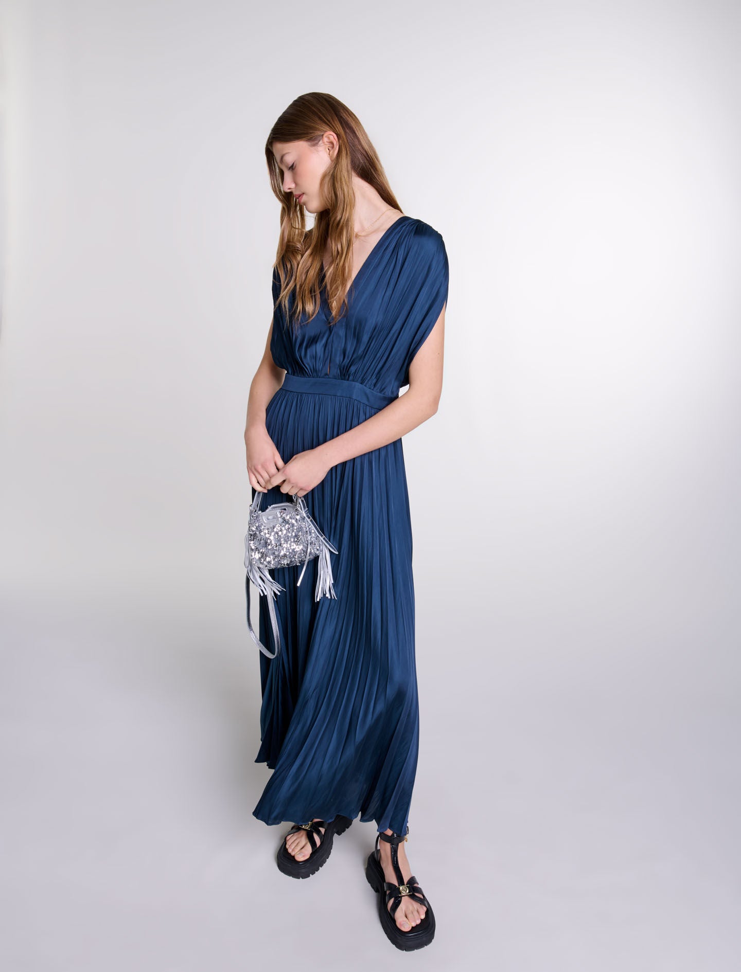 Navy Pleated maxi dress