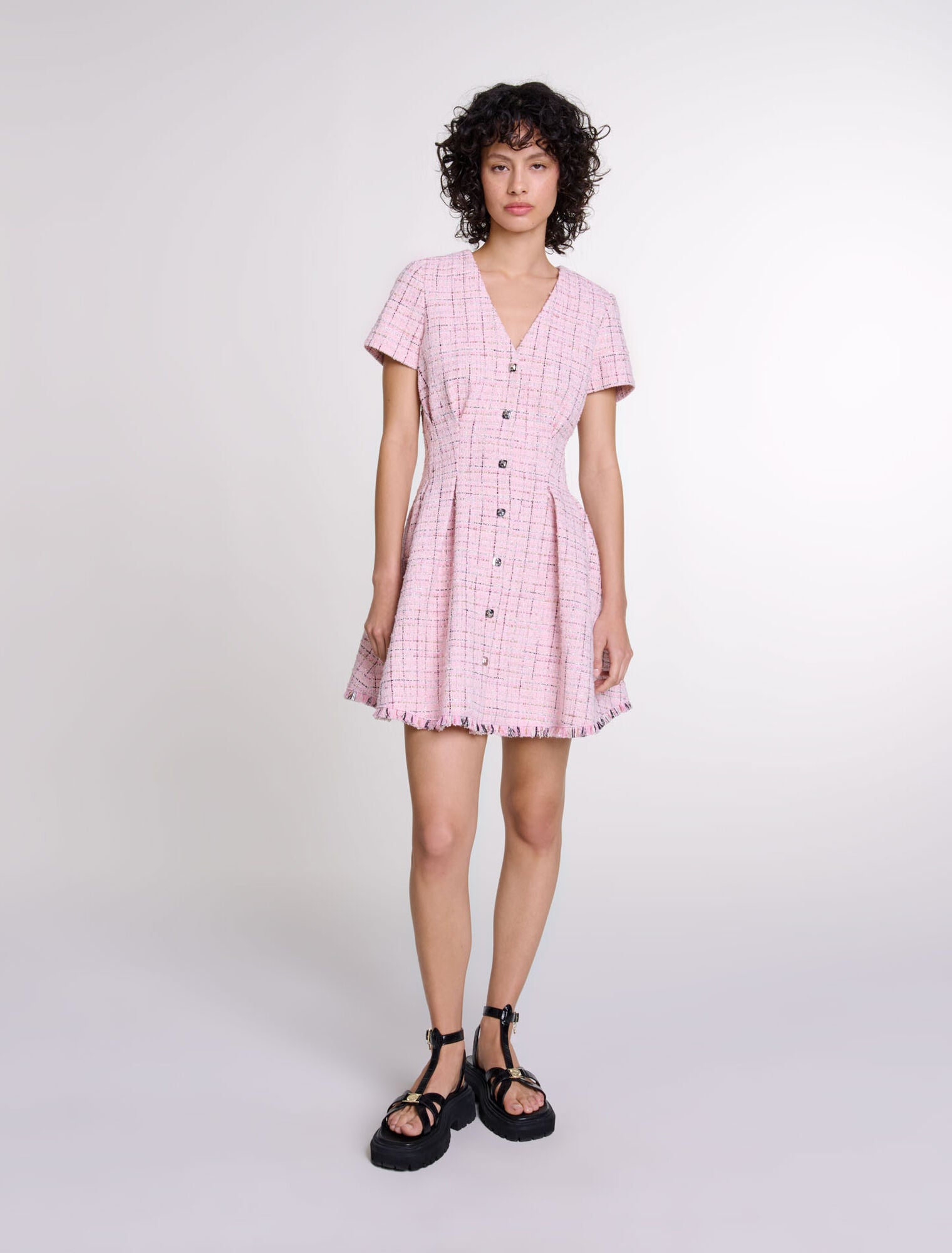 Pink-featured-Tweed babydoll dress