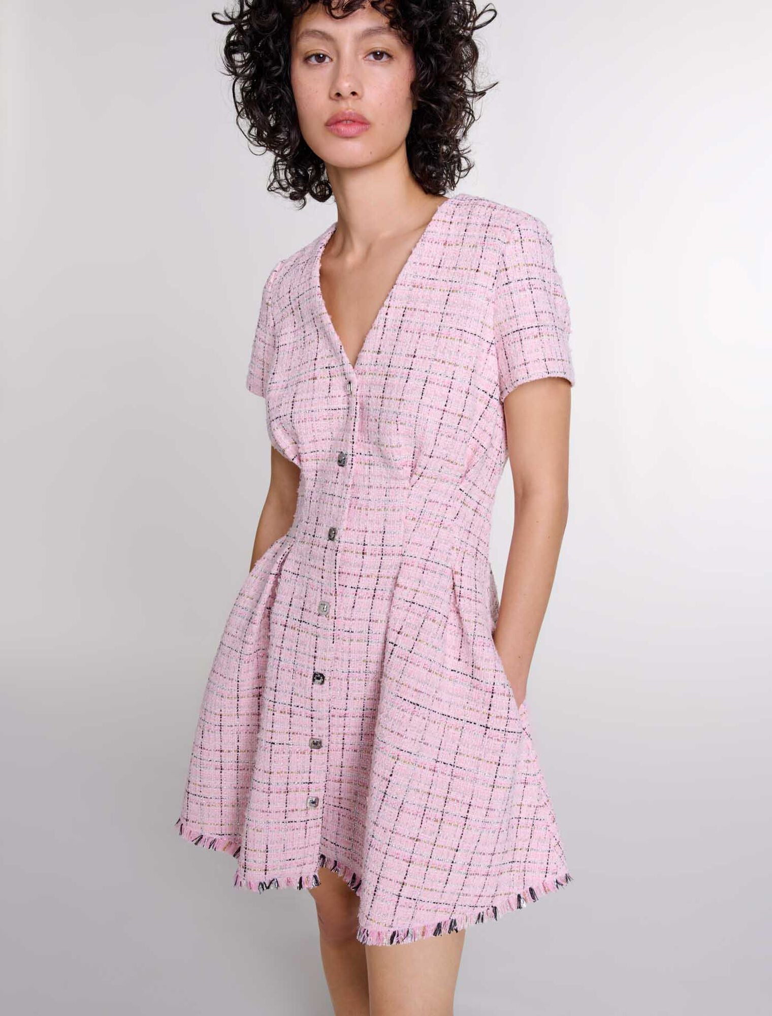 Pink featured-Tweed babydoll dress