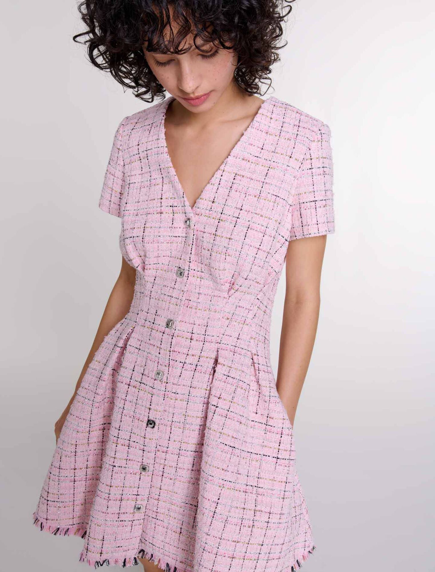 Pink featured-Tweed babydoll dress