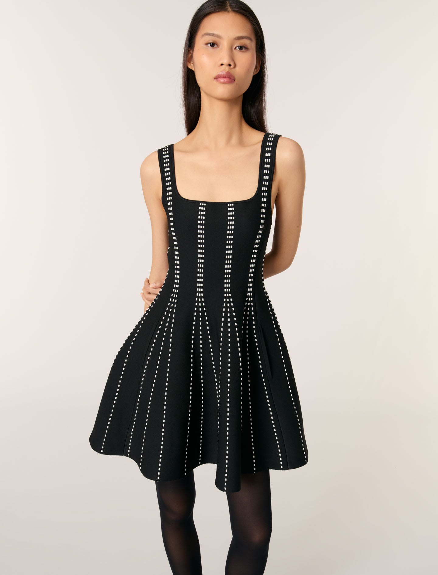 Black/Ecru Patterned Flared Mini Dress