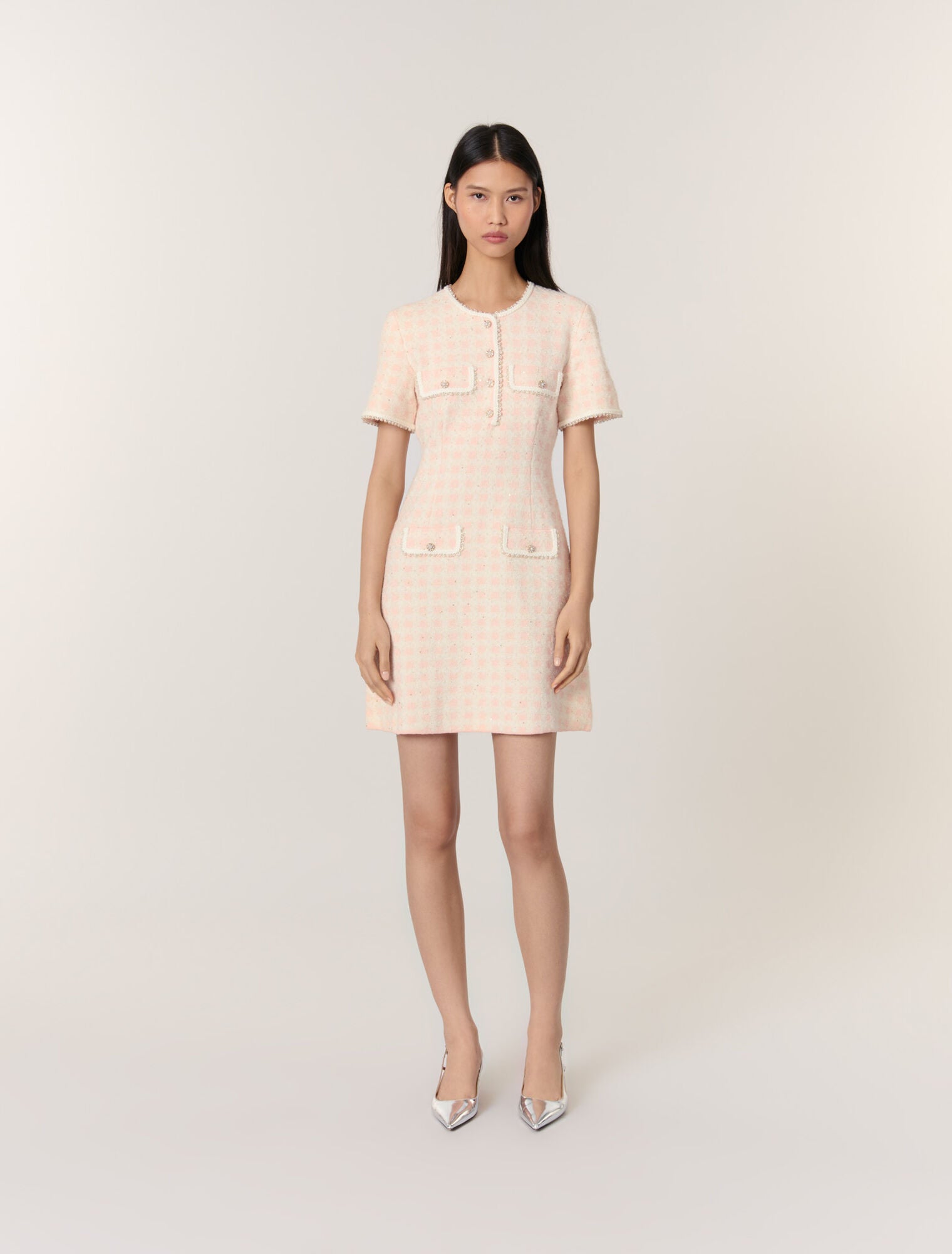 Pink/Ecru featured Tweed-effect knit short dress