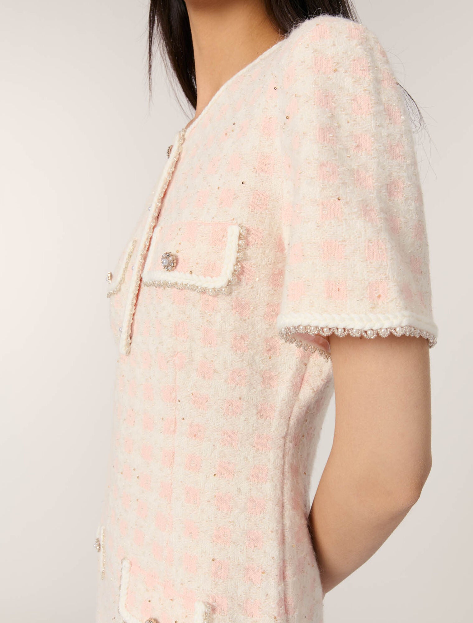 Pink/Ecru Tweed-effect knit short dress