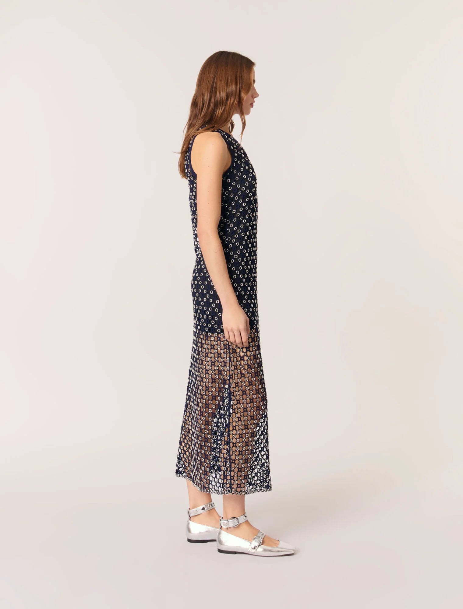 Navy-Crochet-Knit Maxi Dress