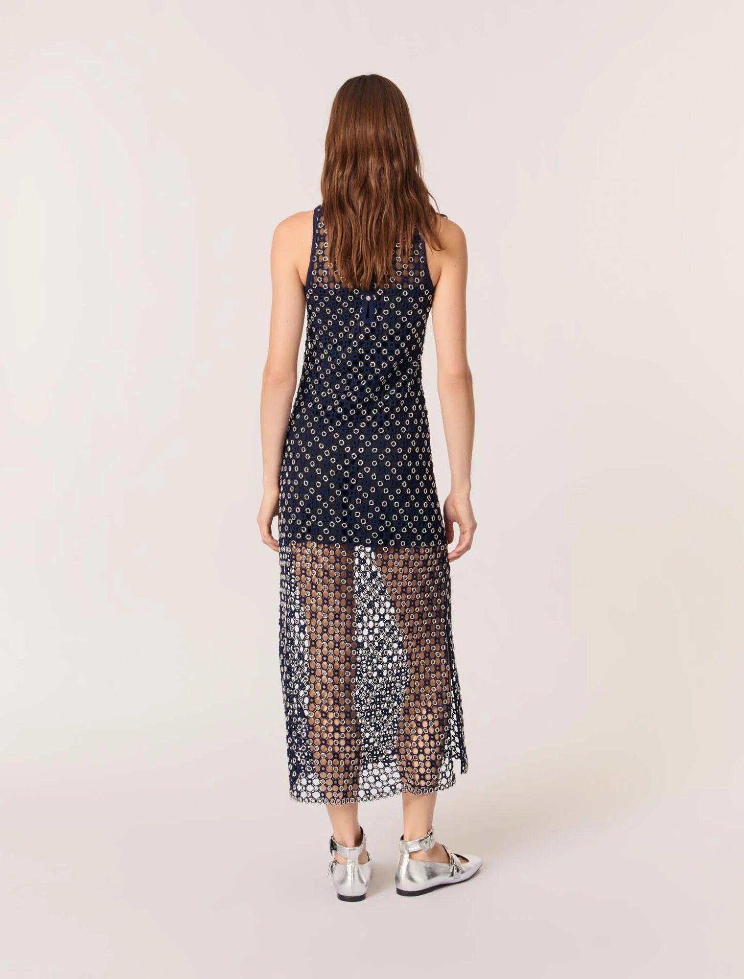 Navy-Crochet-Knit Maxi Dress