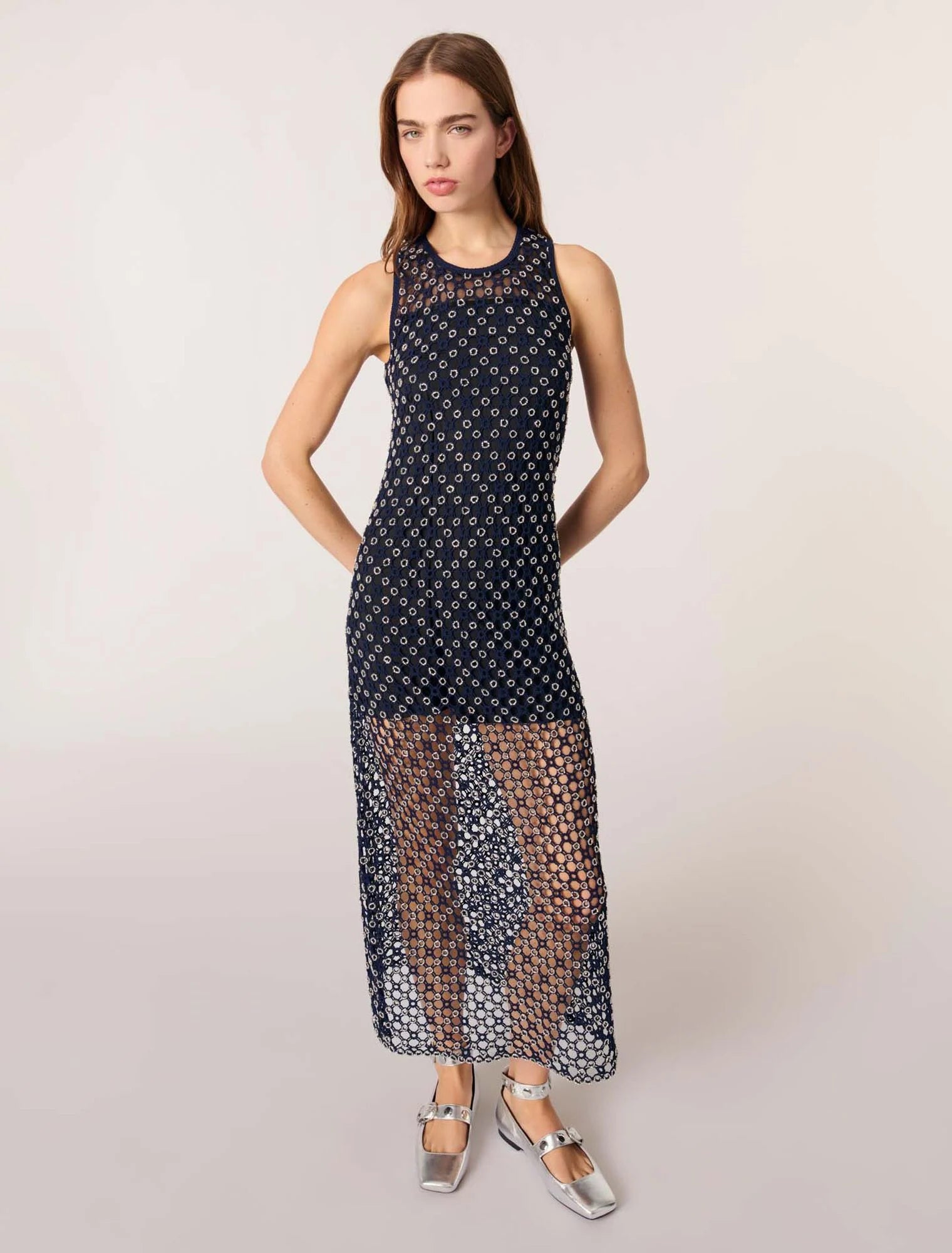 Navy-Crochet-Knit Maxi Dress