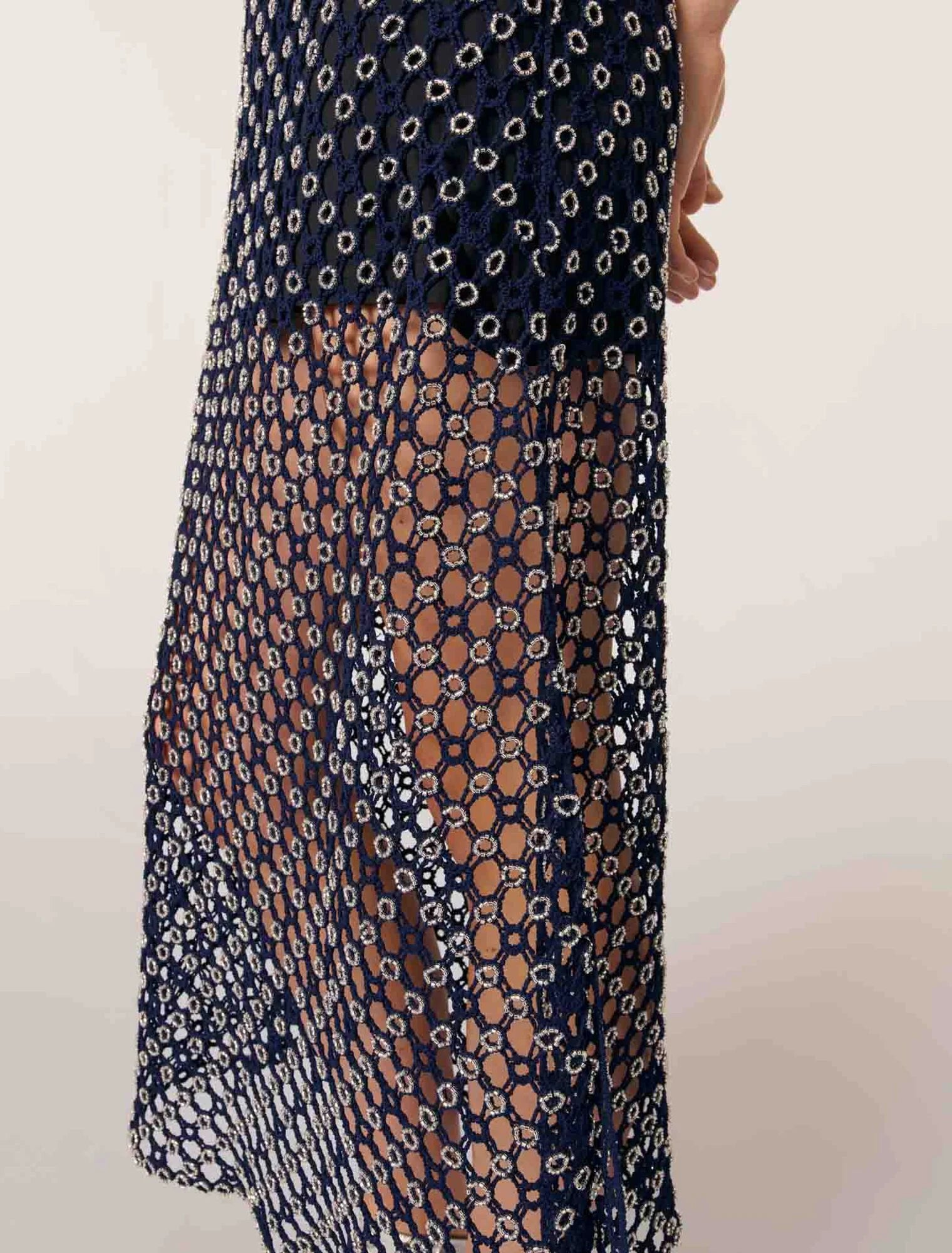 Navy-Crochet-Knit Maxi Dress