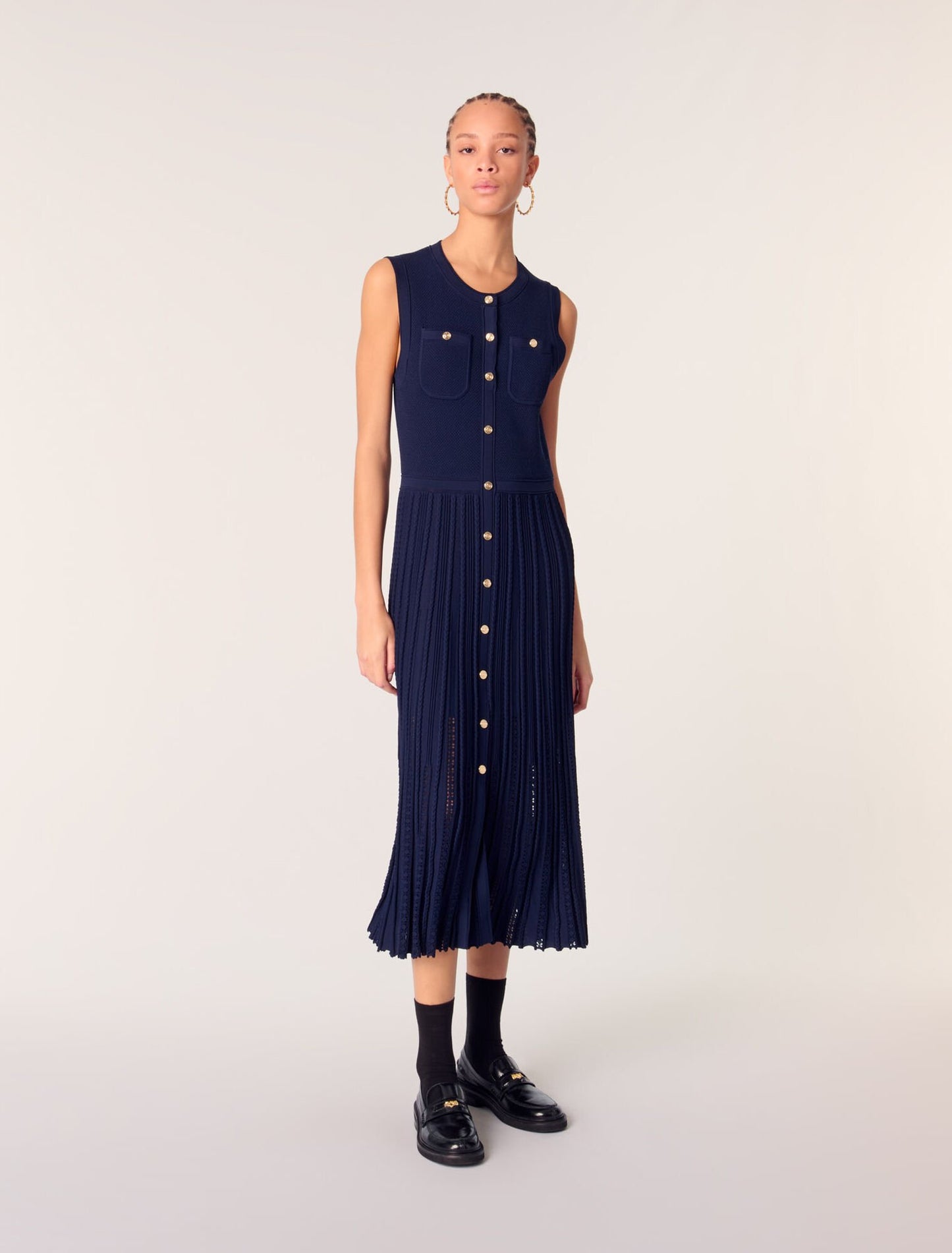 Navy-featured-Pleated knit maxi dress