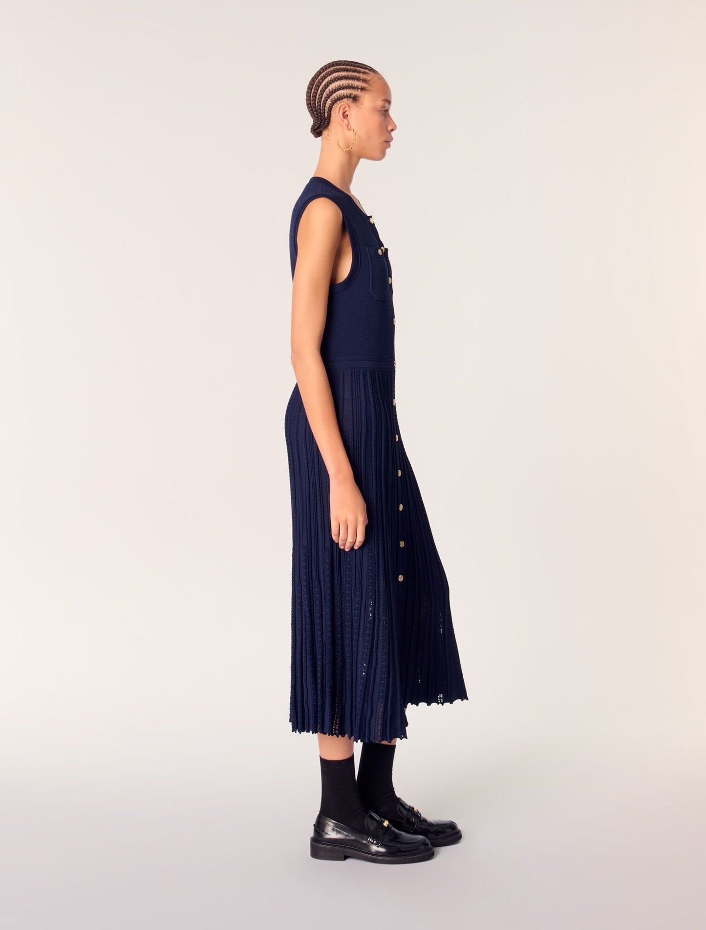 Navy-Pleated knit maxi dress