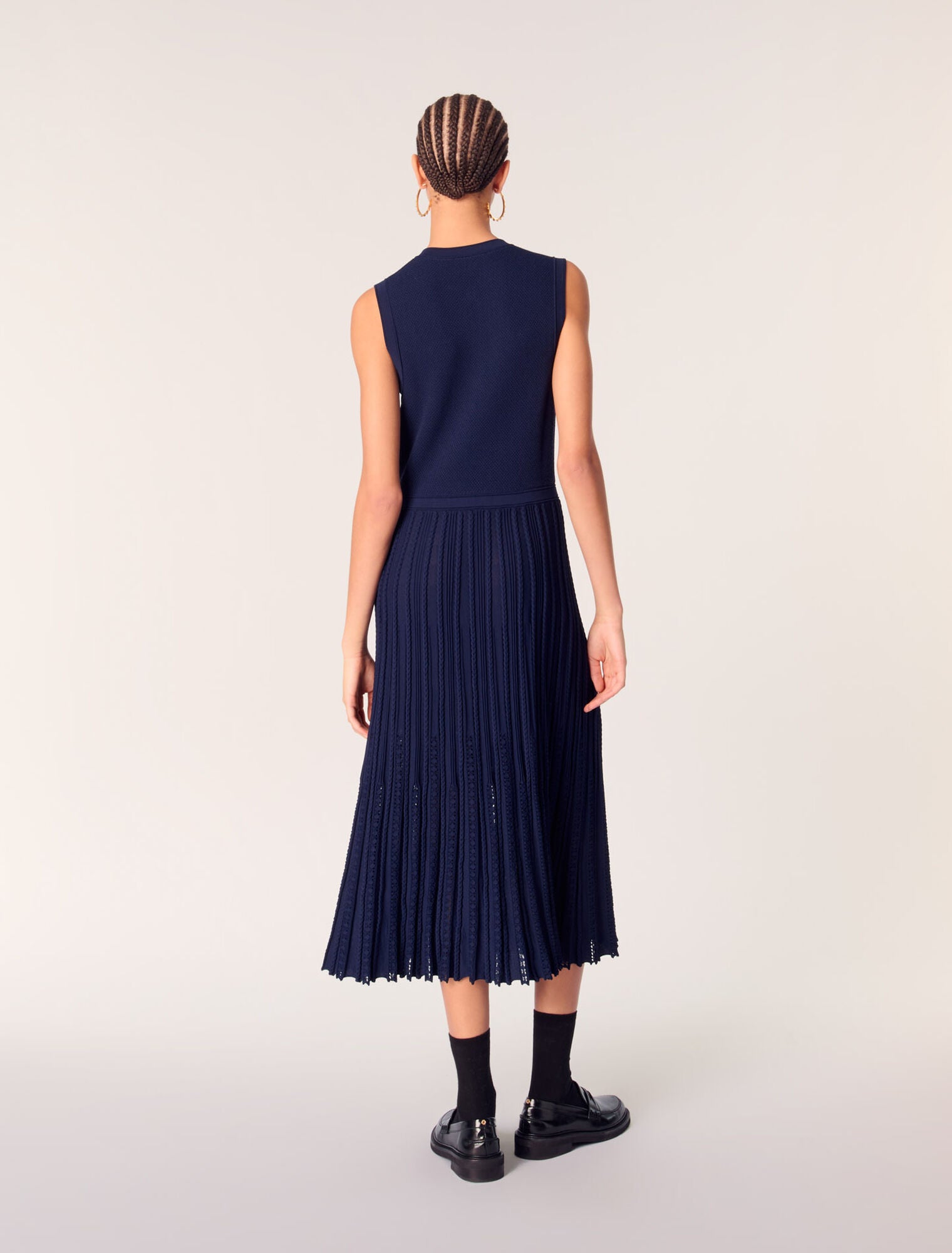 Navy-Pleated knit maxi dress