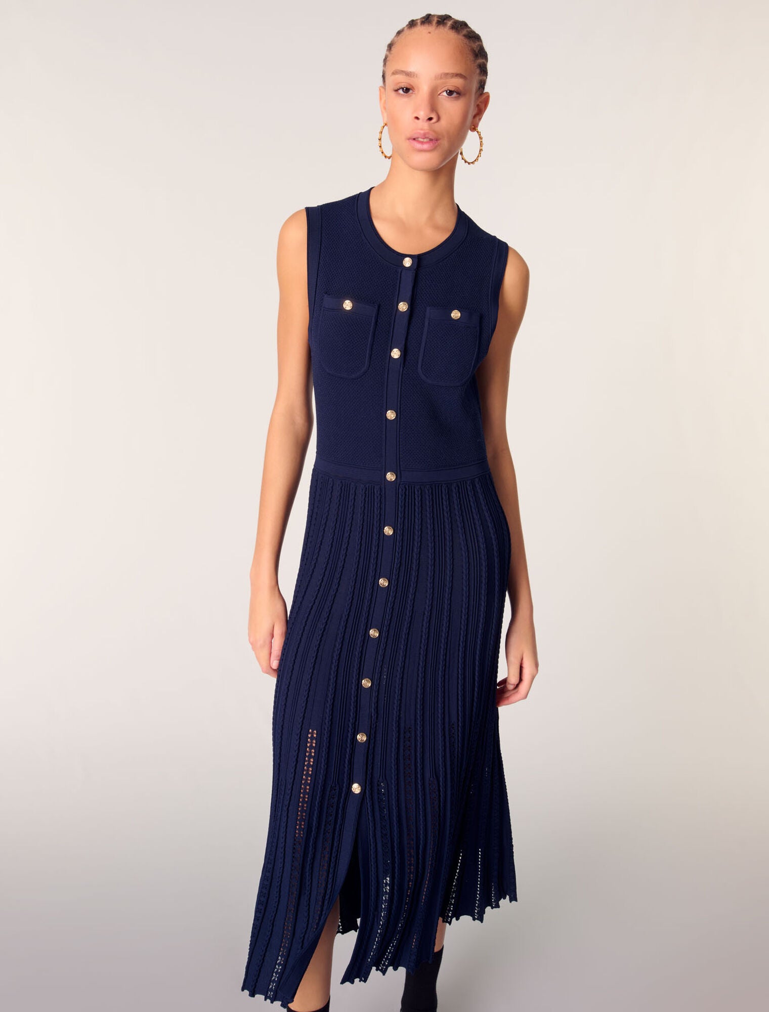 Navy-Pleated knit maxi dress