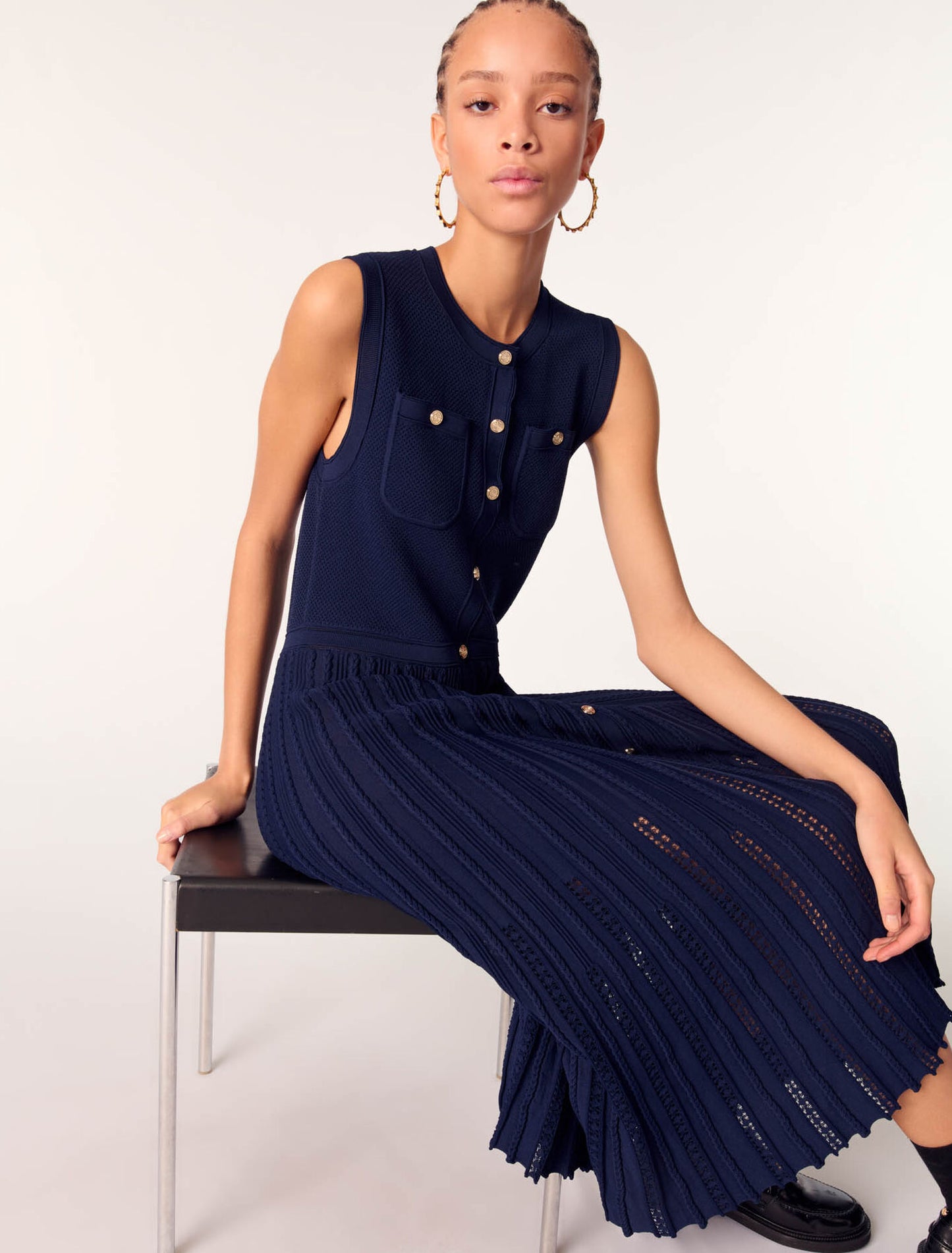 Navy-Pleated knit maxi dress