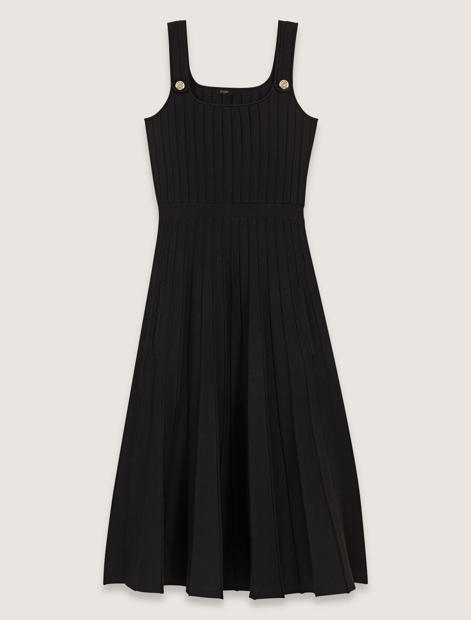 Black-Pleated knit midi dress