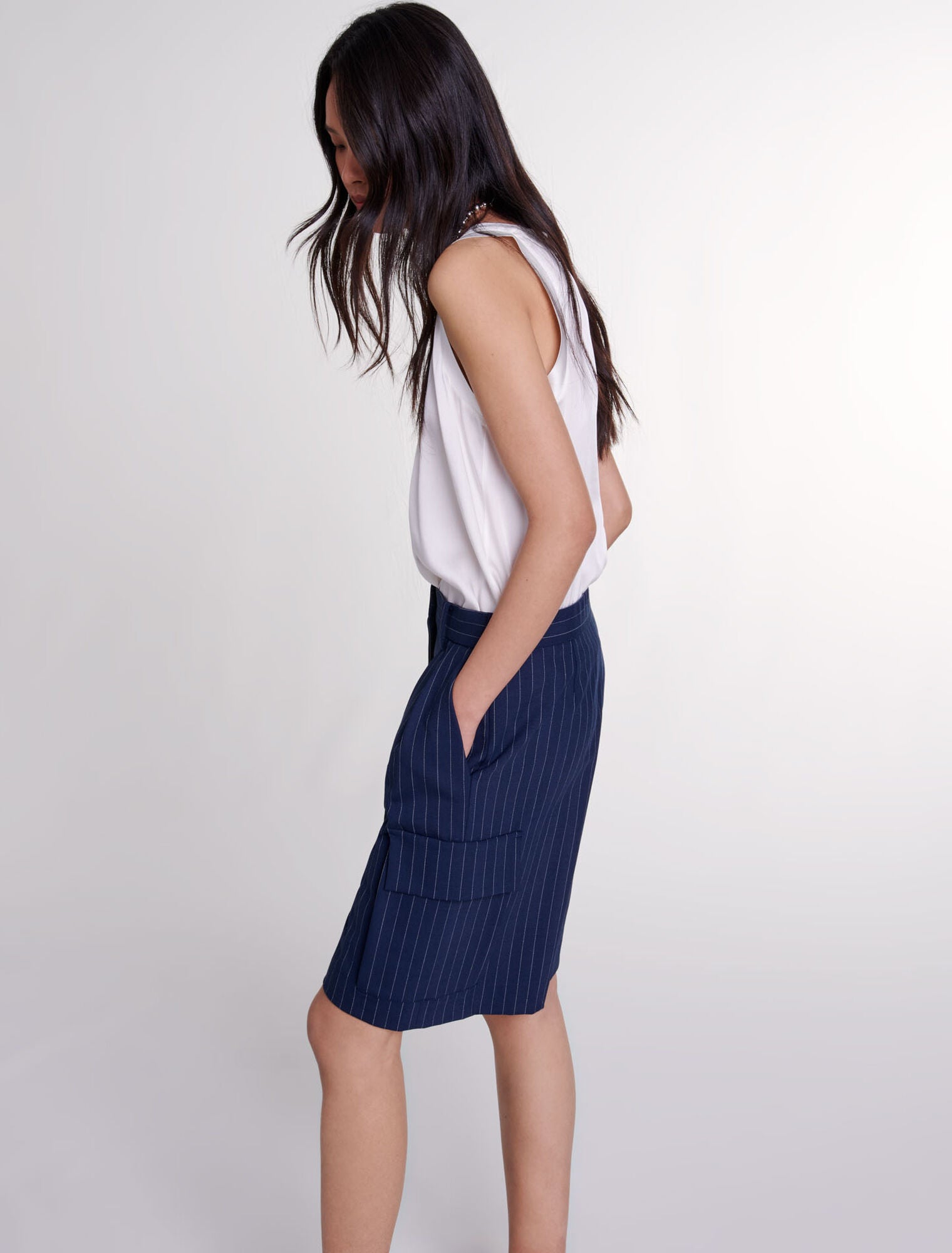 Navy and white striped shorts online