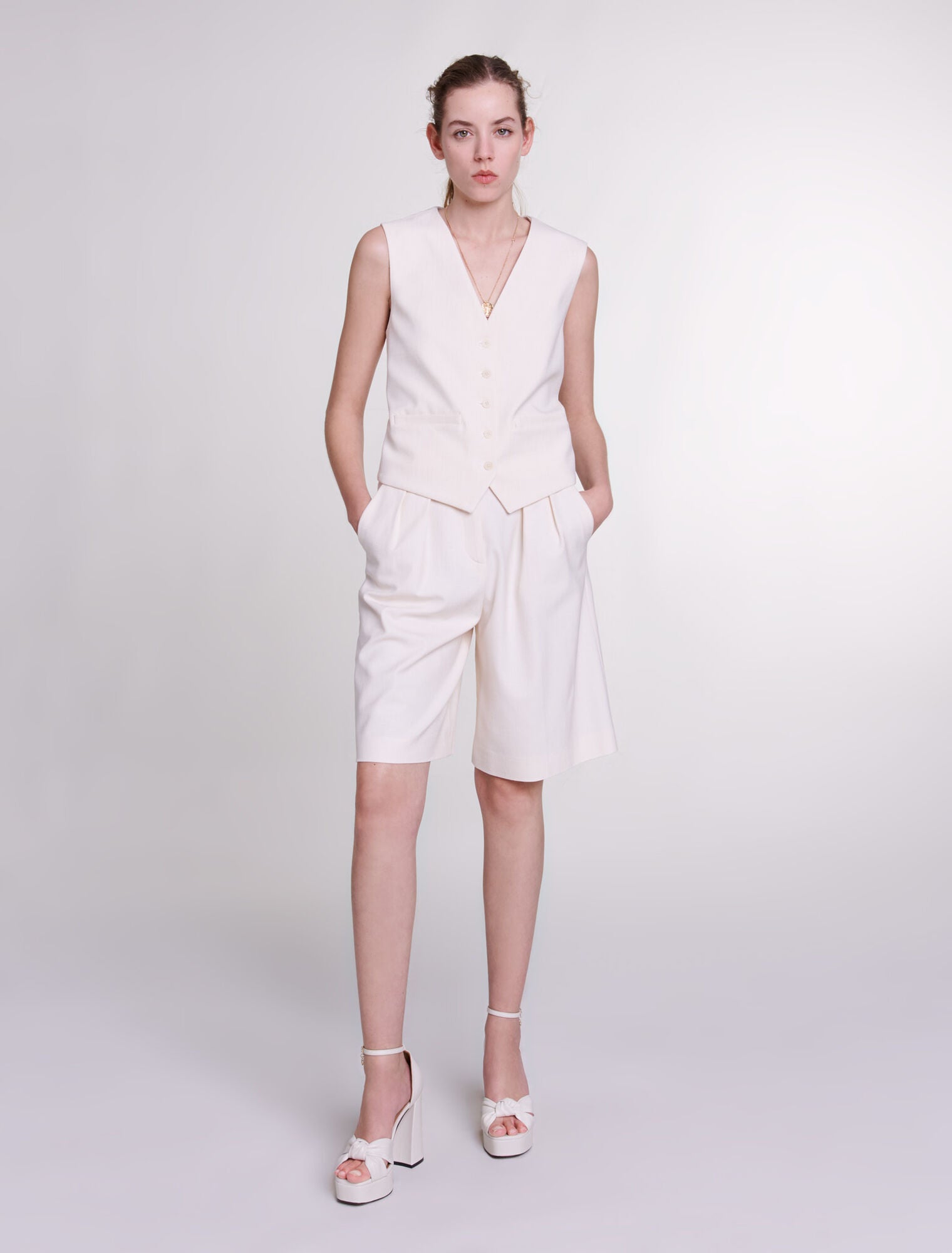 Ecru featured-Pleated Bermuda Shorts