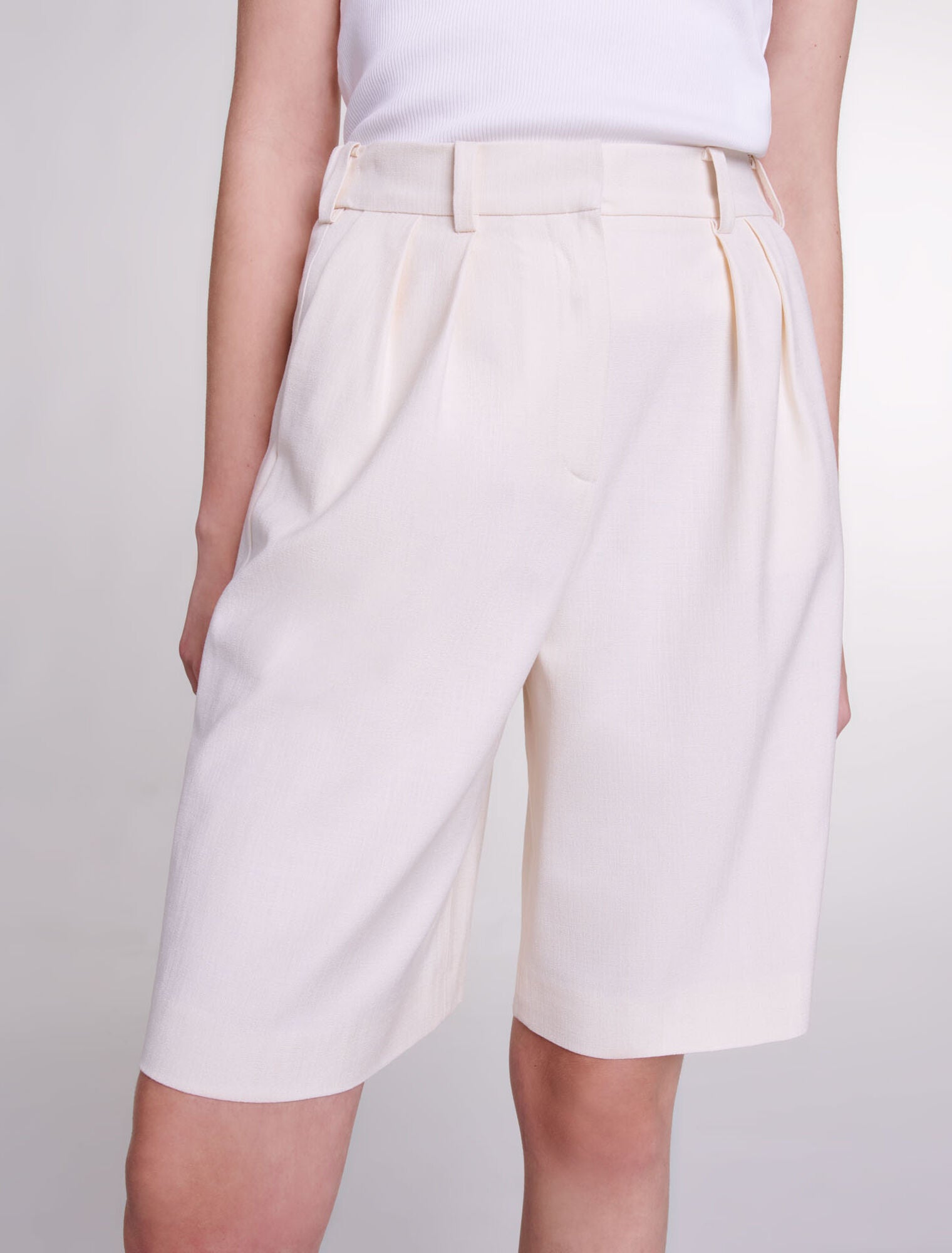 Ecru  -Pleated Bermuda Shorts