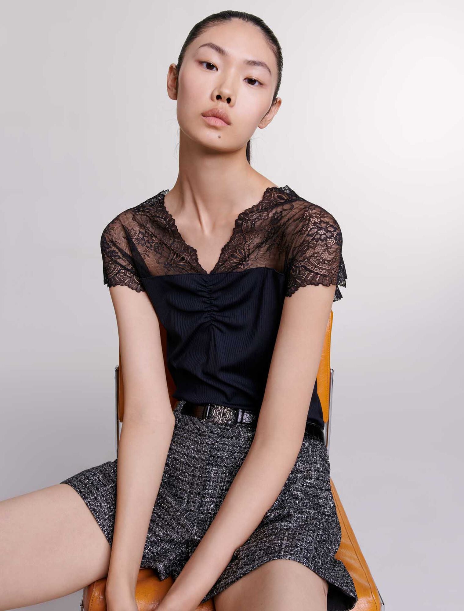 Black-Jersey Top With Lace Trim