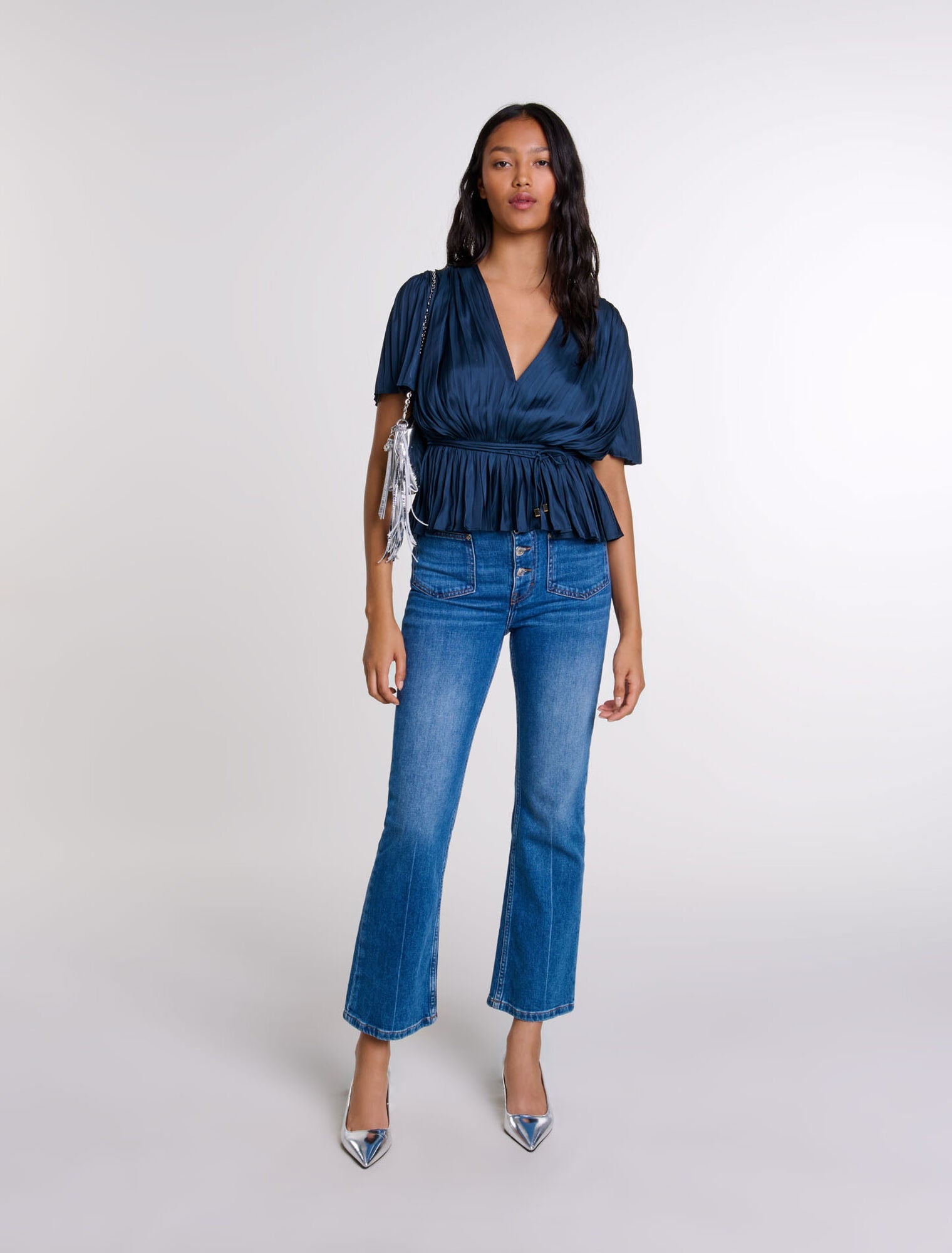 Navy-featured-Pleated short-sleeved top