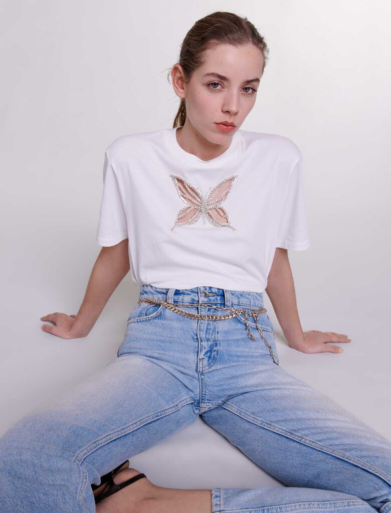 White featured-Rhinestone T-shirt