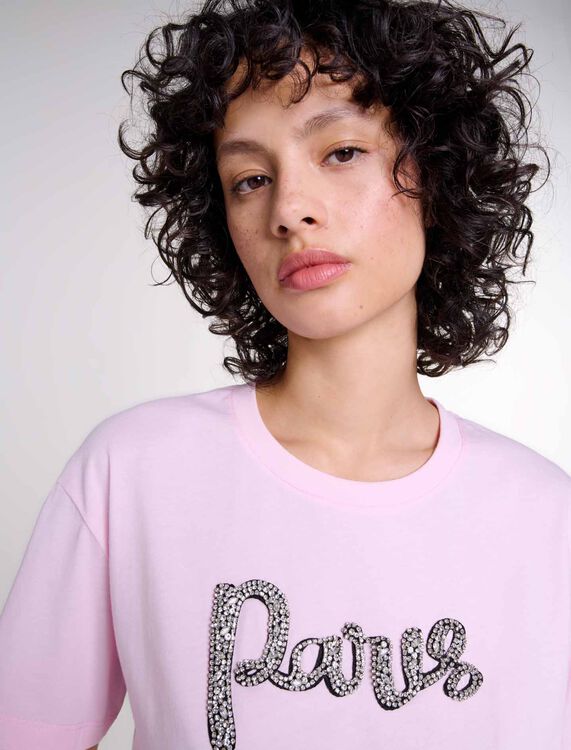 Pink featured-"Paris" diamanté T-shirt