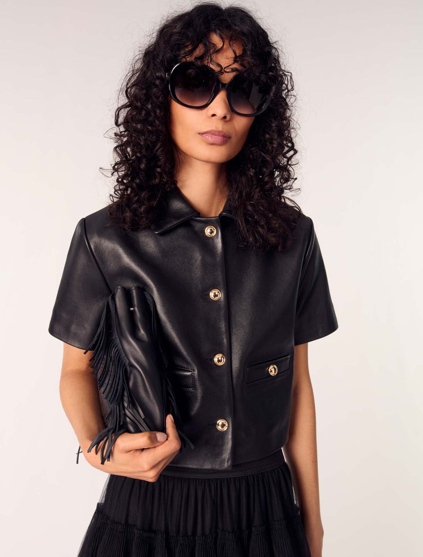 Black-Cropped leather jacket