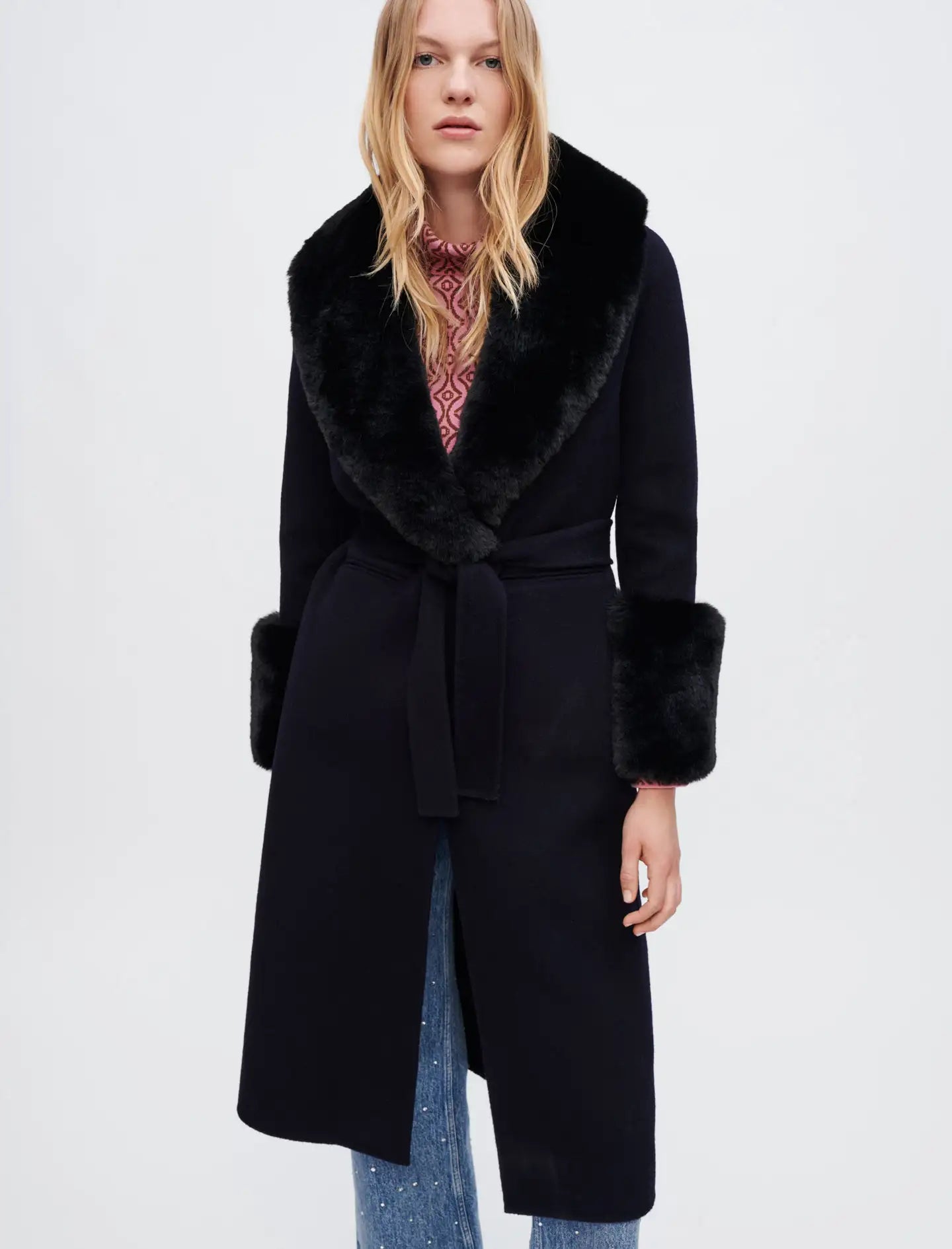 Navy featured DOUBLE-FACED FAUX FUR COAT